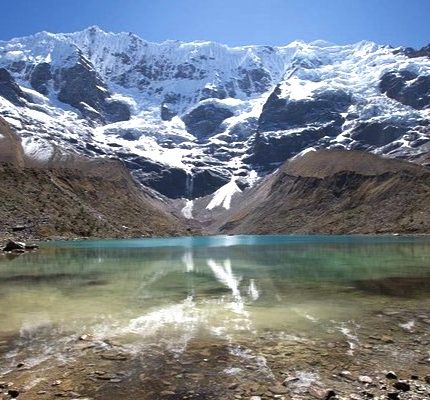 Humantay Lake with turquoise water reflecting the snow-capped Humantay Mountain and its glacier in the Peruvian Andes.